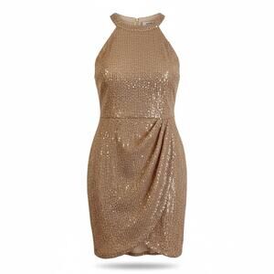 Gold Sequin Cocktail Dress Women’s 2XL Halter Mini Party Wedding Guest NWT